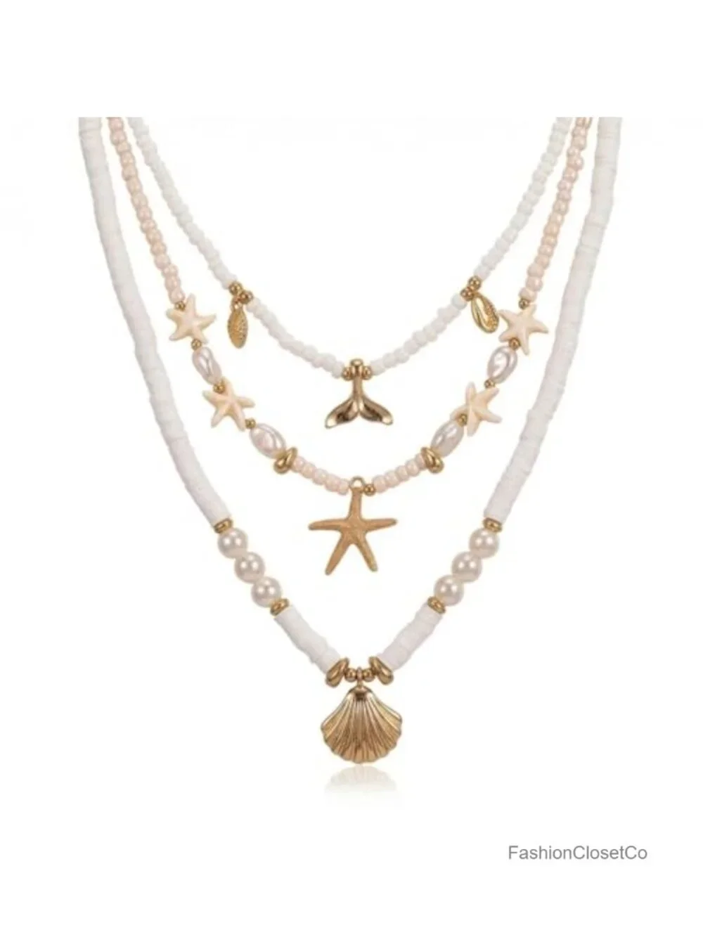 18k Gold Plated Starfish Seashell Charm Necklace Adjustable Beachy Stackable